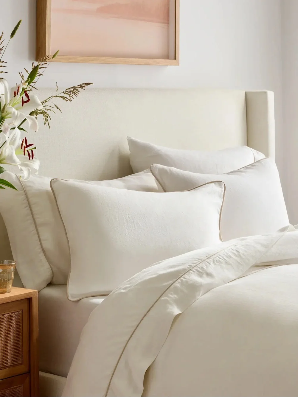 New Quince European Linen Piped Duvet Cover Set Full/Queen - White/Toffee $184